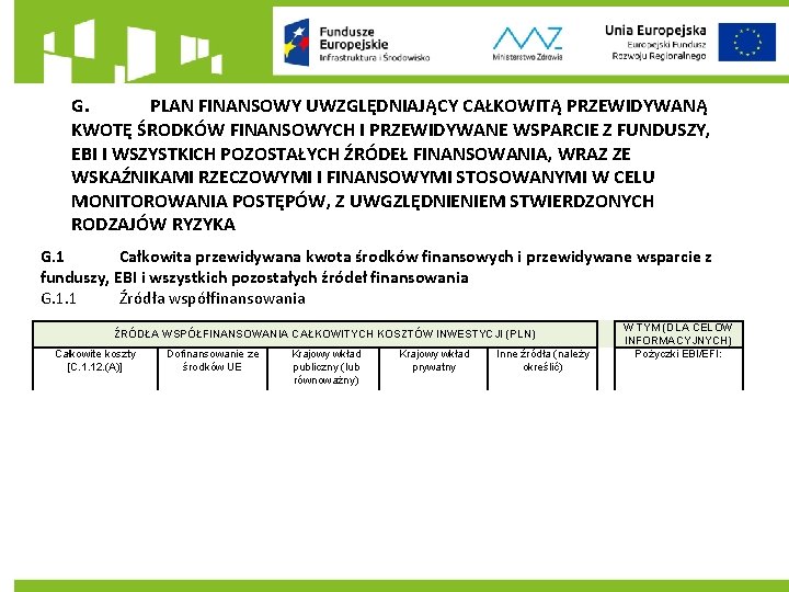 G. PLAN FINANSOWY UWZGLĘDNIAJĄCY CAŁKOWITĄ PRZEWIDYWANĄ KWOTĘ ŚRODKÓW FINANSOWYCH I PRZEWIDYWANE WSPARCIE Z FUNDUSZY,