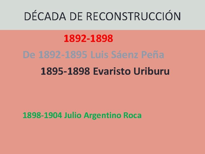 DÉCADA DE RECONSTRUCCIÓN 1892 -1898 De 1892 -1895 Luis Sáenz Peña 1895 -1898 Evaristo