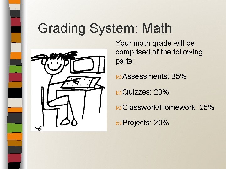 Grading System: Math Your math grade will be comprised of the following parts: Assessments: