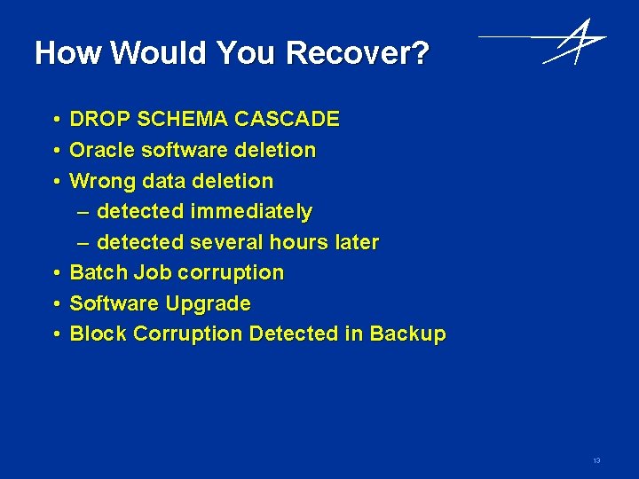 How Would You Recover? • • • DROP SCHEMA CASCADE Oracle software deletion Wrong