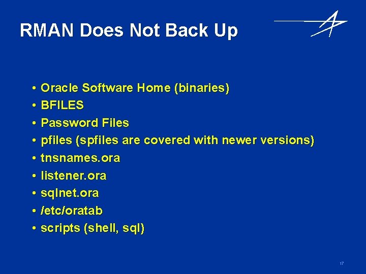 RMAN Does Not Back Up • • • Oracle Software Home (binaries) BFILES Password