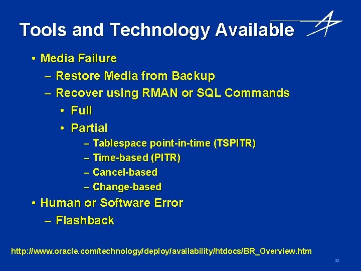 Tools and Technology Available • Media Failure – Restore Media from Backup – Recover