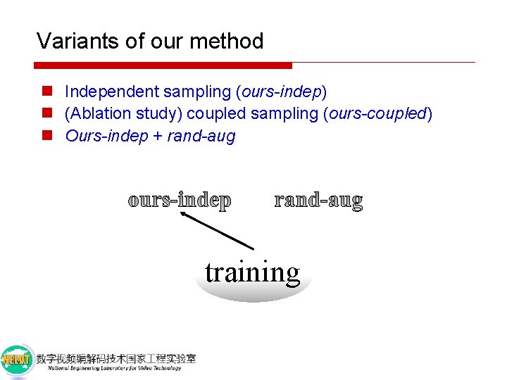 Variants of our method n Independent sampling (ours-indep) n (Ablation study) coupled sampling (ours-coupled)