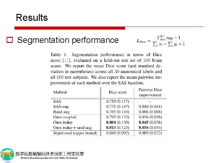 Results o Segmentation performance 