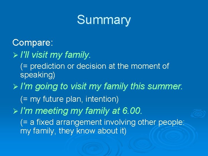 Summary Compare: Ø I'll visit my family. (= prediction or decision at the moment