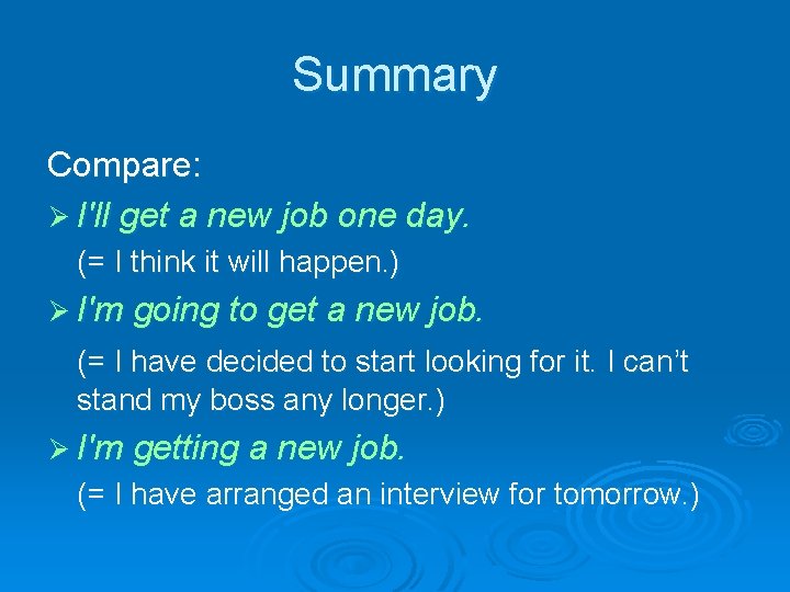 Summary Compare: Ø I'll get a new job one day. (= I think it