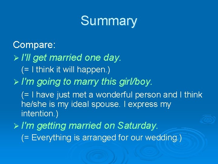 Summary Compare: Ø I'll get married one day. (= I think it will happen.