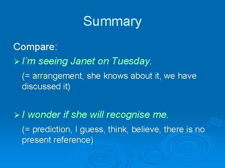 Summary Compare: Ø I’m seeing Janet on Tuesday. (= arrangement, she knows about it,