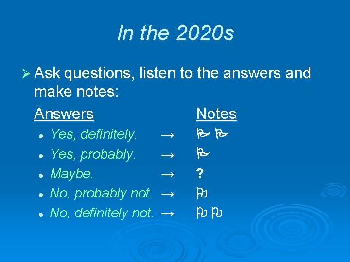 In the 2020 s Ø Ask questions, listen to the answers and make notes: