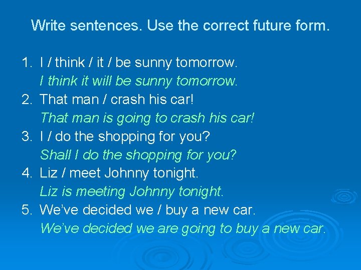 Write sentences. Use the correct future form. 1. I / think / it /