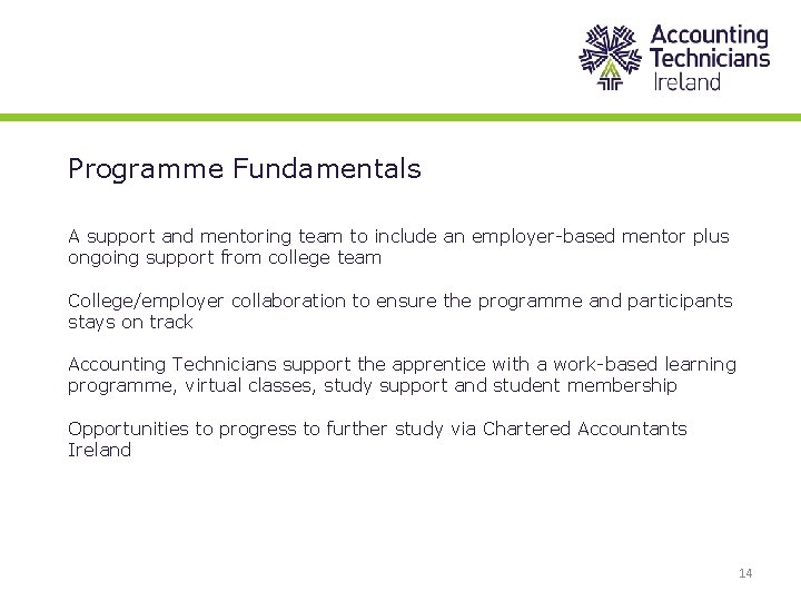 Programme Fundamentals A support and mentoring team to include an employer-based mentor plus ongoing