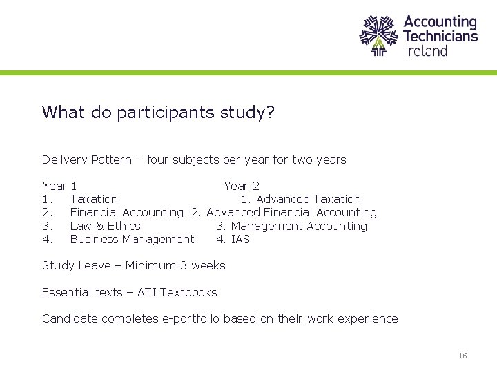 What do participants study? Delivery Pattern – four subjects per year for two years