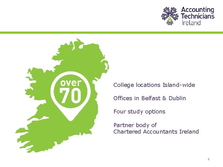 College locations Island-wide Offices in Belfast & Dublin Four study options Partner body of