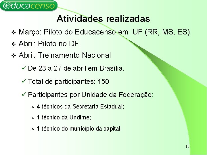 Atividades realizadas v Março: Piloto do Educacenso em UF (RR, MS, ES) v Abril: