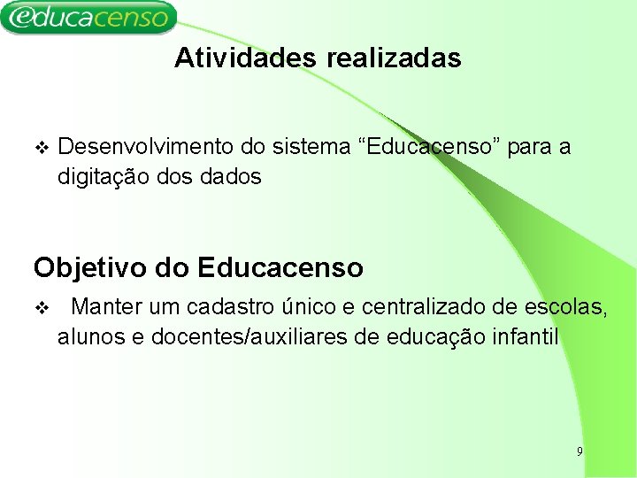 Atividades realizadas v Desenvolvimento do sistema “Educacenso” para a digitação dos dados Objetivo do