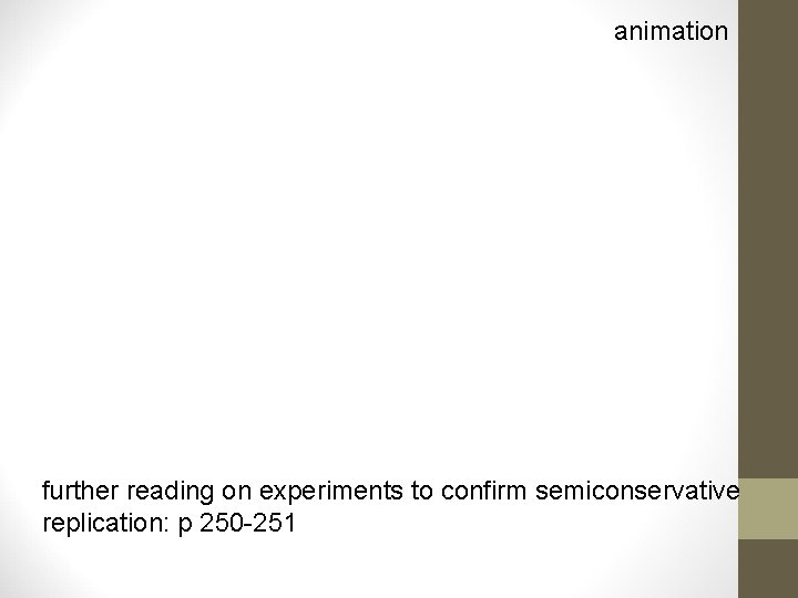 animation further reading on experiments to confirm semiconservative replication: p 250 -251 animation further reading on experiments to confirm semiconservative replication: p 250 -251