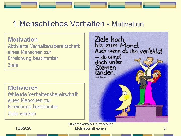 1. Menschliches Verhalten - Motivation Aktivierte Verhaltensbereitschaft eines Menschen zur Erreichung bestimmter Ziele Motivieren