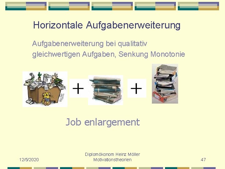 Horizontale Aufgabenerweiterung bei qualitativ gleichwertigen Aufgaben, Senkung Monotonie Job enlargement 12/5/2020 Diplomökonom Heinz Möller