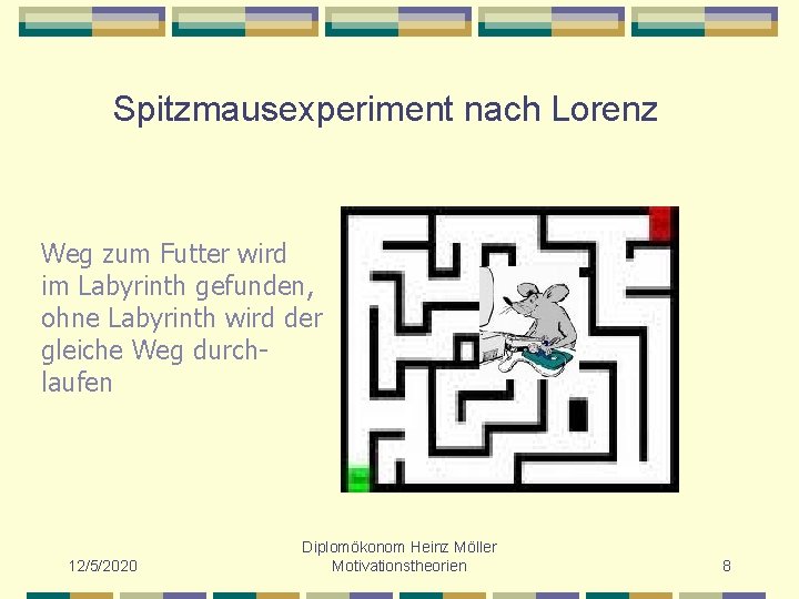 Spitzmausexperiment nach Lorenz Weg zum Futter wird im Labyrinth gefunden, ohne Labyrinth wird der