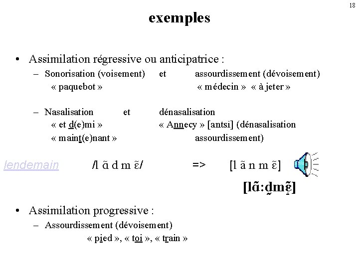 18 exemples • Assimilation régressive ou anticipatrice : – Sonorisation (voisement) « paquebot »