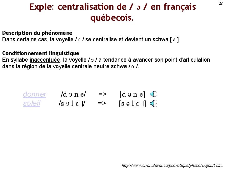 Exple: centralisation de / / en français québecois. 28 Description du phénomène Dans certains