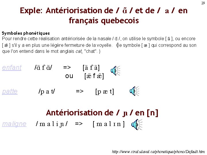 Exple: Antériorisation de / A) / et de / a / en français quebecois