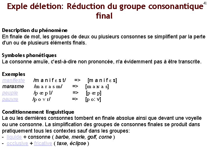 41 Exple déletion: Réduction du groupe consonantique final Description du phénomène En finale de