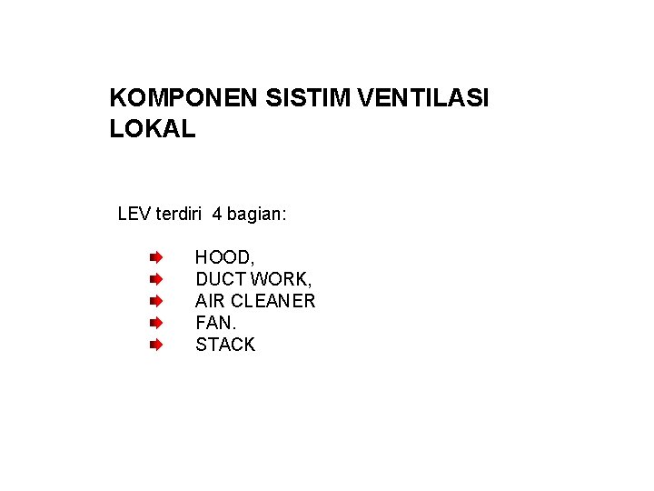 KOMPONEN SISTIM VENTILASI LOKAL LEV terdiri 4 bagian: HOOD, DUCT WORK, AIR CLEANER FAN.