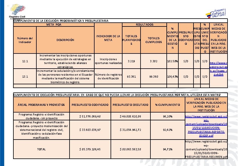 CUMPLIMIENTO DE LA EJECUCIÓN PROGRAMÁTICA Y PRESUPUESTARIA META POA Número del Indicador 12. 1