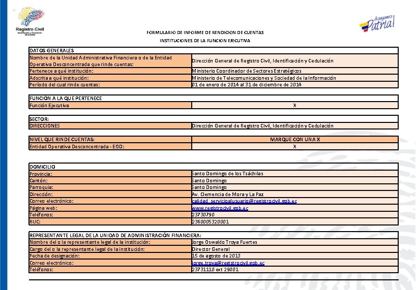 FORMULARIO DE INFORME DE RENDICION DE CUENTAS INSTITUCIONES DE LA FUNCION EJECUTIVA DATOS GENERALES