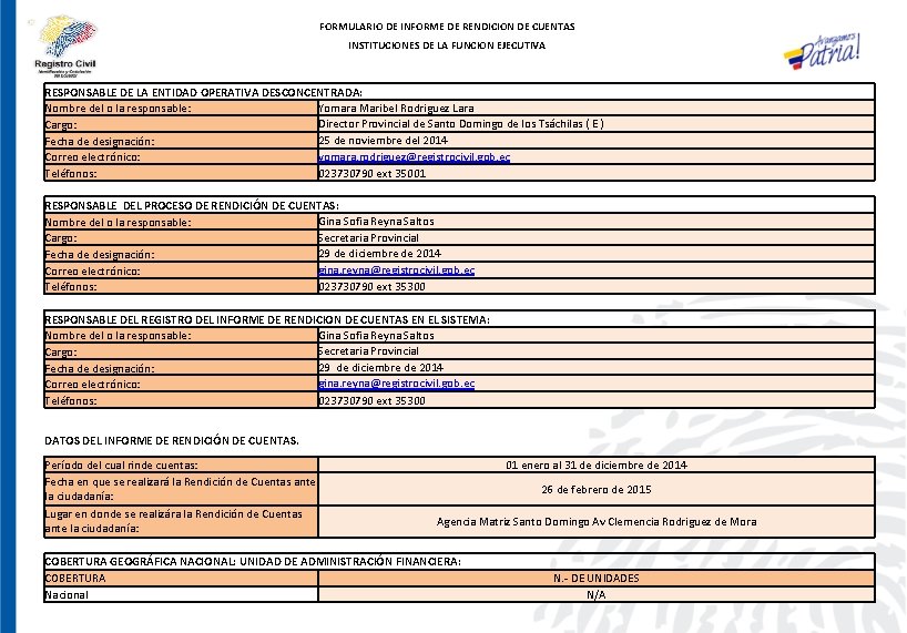 FORMULARIO DE INFORME DE RENDICION DE CUENTAS INSTITUCIONES DE LA FUNCION EJECUTIVA RESPONSABLE DE