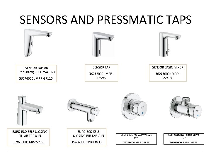 SENSORS AND PRESSMATIC TAPS SENSOR TAP wall mounted( COLD WATER ) 36274000: MRP -17110