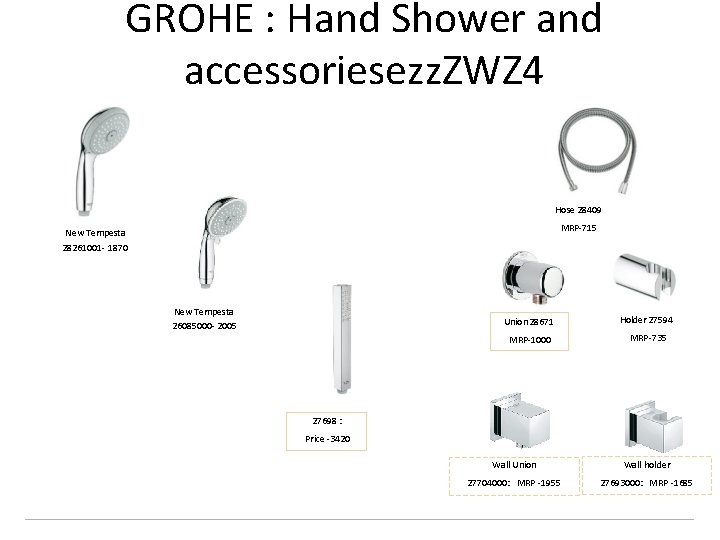GROHE : Hand Shower and accessoriesezz. ZWZ 4 Hose 28409 MRP-715 New Tempesta 28261001
