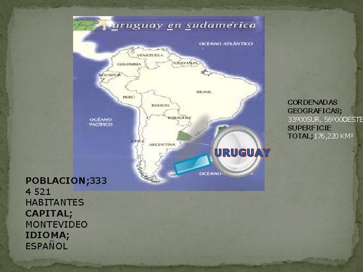 CORDENADAS GEOGRAFICAS; 33º 00 SUR, 56º 00 OESTE SUPERFICIE TOTAL; 176, 220 KM² URUGUAY