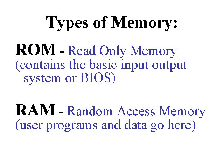 Types of Memory: ROM - Read Only Memory (contains the basic input output system