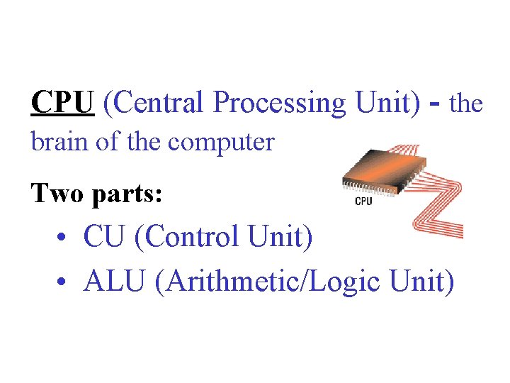 CPU (Central Processing Unit) - the brain of the computer Two parts: • CU