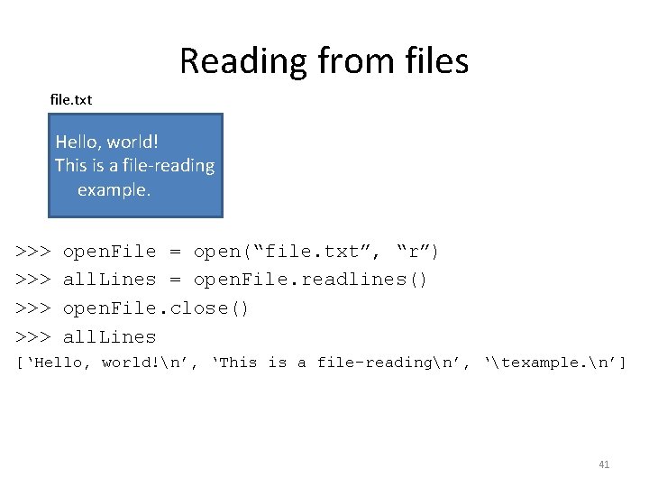 Reading from files file. txt Hello, world! This is a file-reading example. >>> >>>