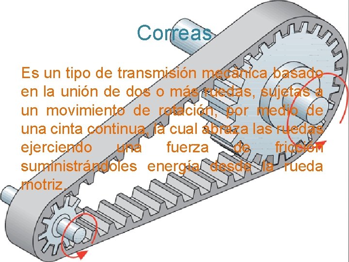 Correas Es un tipo de transmisión mecánica basado en la unión de dos o