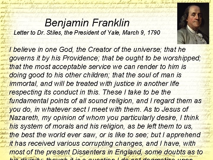 Benjamin Franklin Letter to Dr. Stiles, the President of Yale, March 9, 1790 I