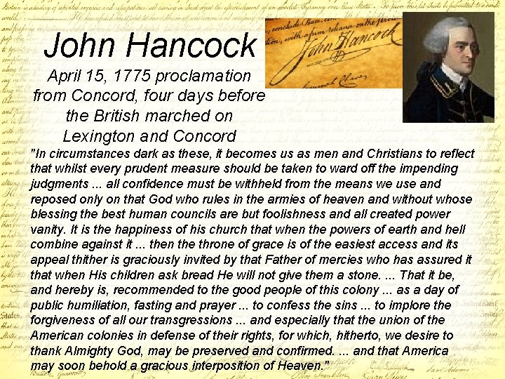 John Hancock April 15, 1775 proclamation from Concord, four days before the British marched