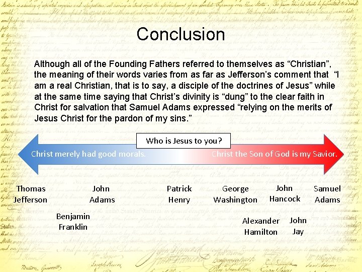 Conclusion Although all of the Founding Fathers referred to themselves as “Christian”, the meaning