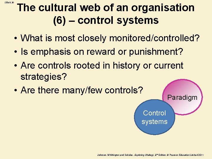 Slide 5. 30 The cultural web of an organisation (6) – control systems •