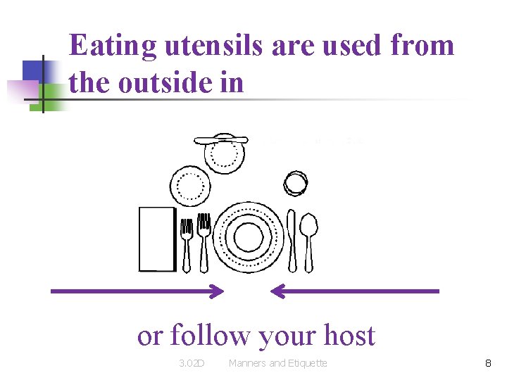 Eating utensils are used from the outside in or follow your host 3. 02