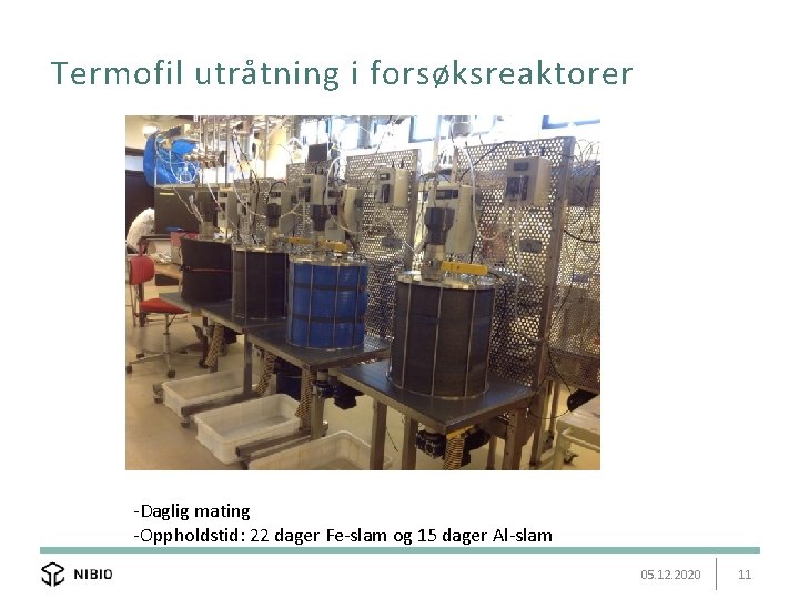 Termofil utråtning i forsøksreaktorer -Daglig mating -Oppholdstid: 22 dager Fe-slam og 15 dager Al-slam