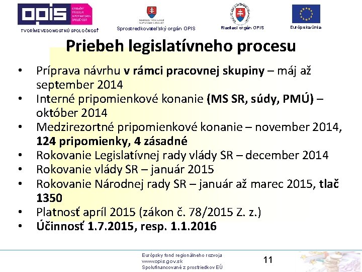 TVORÍME VEDOMOSTNÚ SPOLOČNOSŤ Sprostredkovateľský orgán OPIS Riadiaci orgán OPIS Európska únia Priebeh legislatívneho procesu