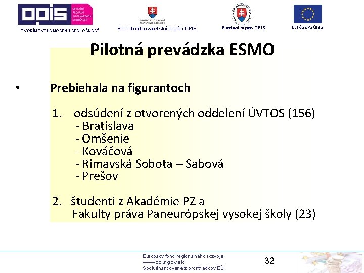 TVORÍME VEDOMOSTNÚ SPOLOČNOSŤ Sprostredkovateľský orgán OPIS Riadiaci orgán OPIS Európska únia Pilotná prevádzka ESMO