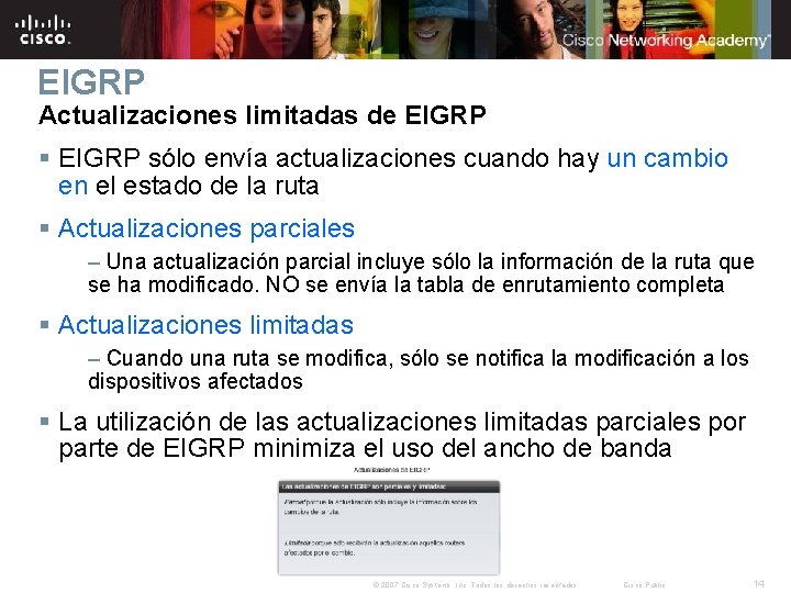 EIGRP Actualizaciones limitadas de EIGRP § EIGRP sólo envía actualizaciones cuando hay un cambio EIGRP Actualizaciones limitadas de EIGRP § EIGRP sólo envía actualizaciones cuando hay un cambio