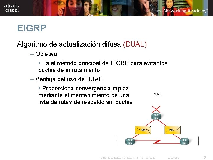 EIGRP Algoritmo de actualización difusa (DUAL) – Objetivo • Es el método principal de EIGRP Algoritmo de actualización difusa (DUAL) – Objetivo • Es el método principal de