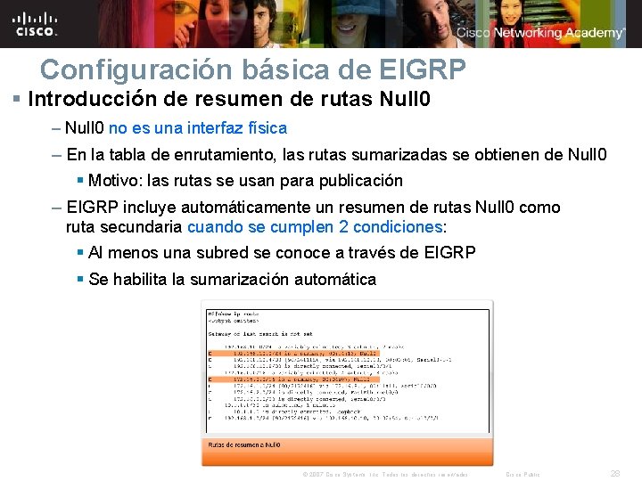 Configuración básica de EIGRP § Introducción de resumen de rutas Null 0 – Null Configuración básica de EIGRP § Introducción de resumen de rutas Null 0 – Null