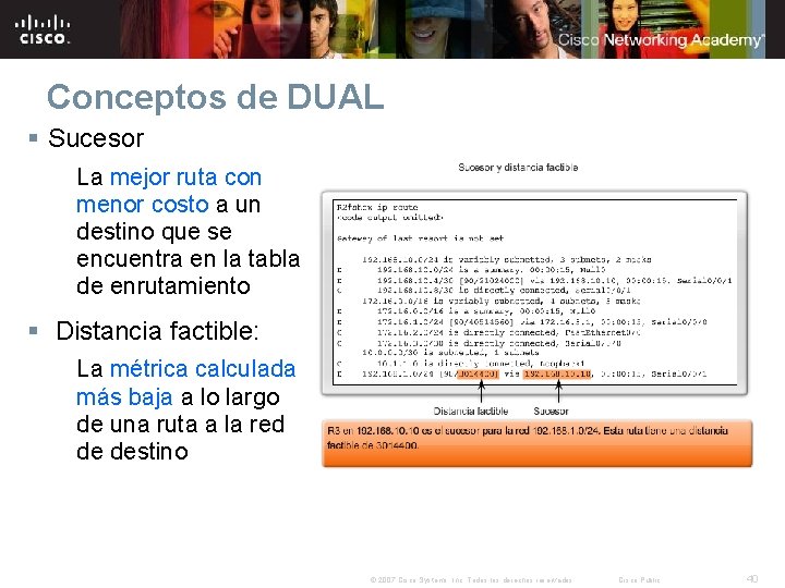 Conceptos de DUAL § Sucesor La mejor ruta con menor costo a un destino Conceptos de DUAL § Sucesor La mejor ruta con menor costo a un destino